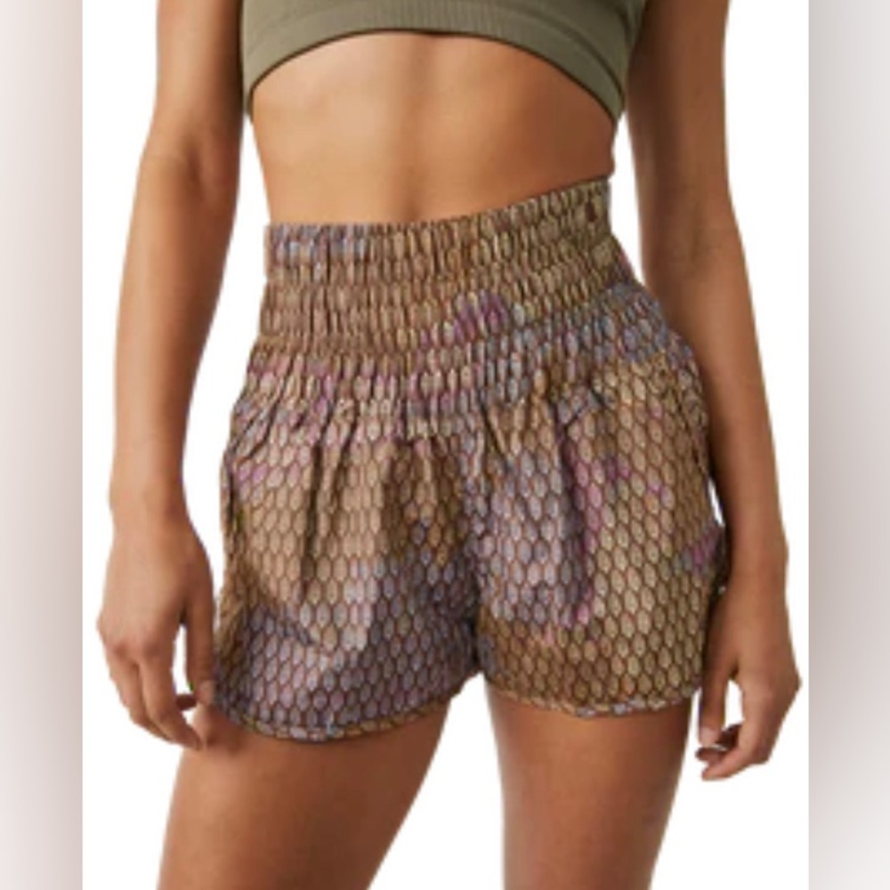 Free People Brown Geometric High-Waist Smocked Shorts
